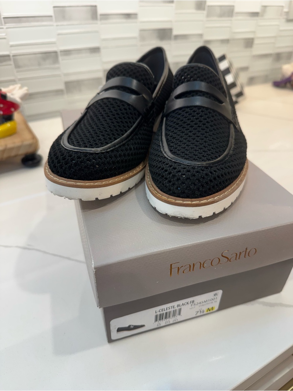 Franco Sarto Black Knit Slip-On Loafers with White Sole